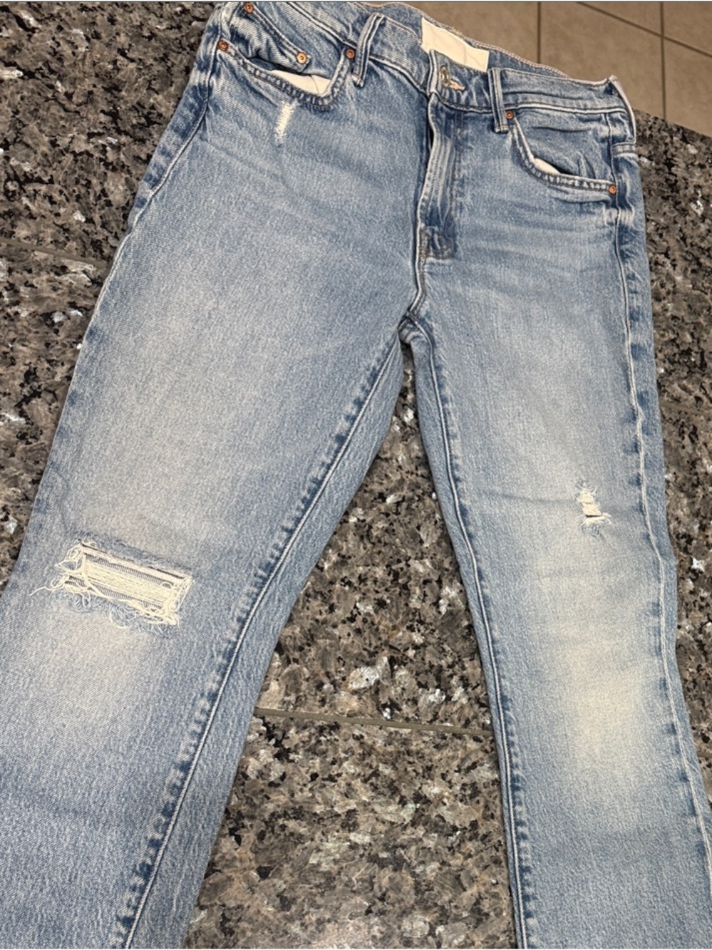 MOTHER Straight Leg Jeans in Light Blue with Distressing